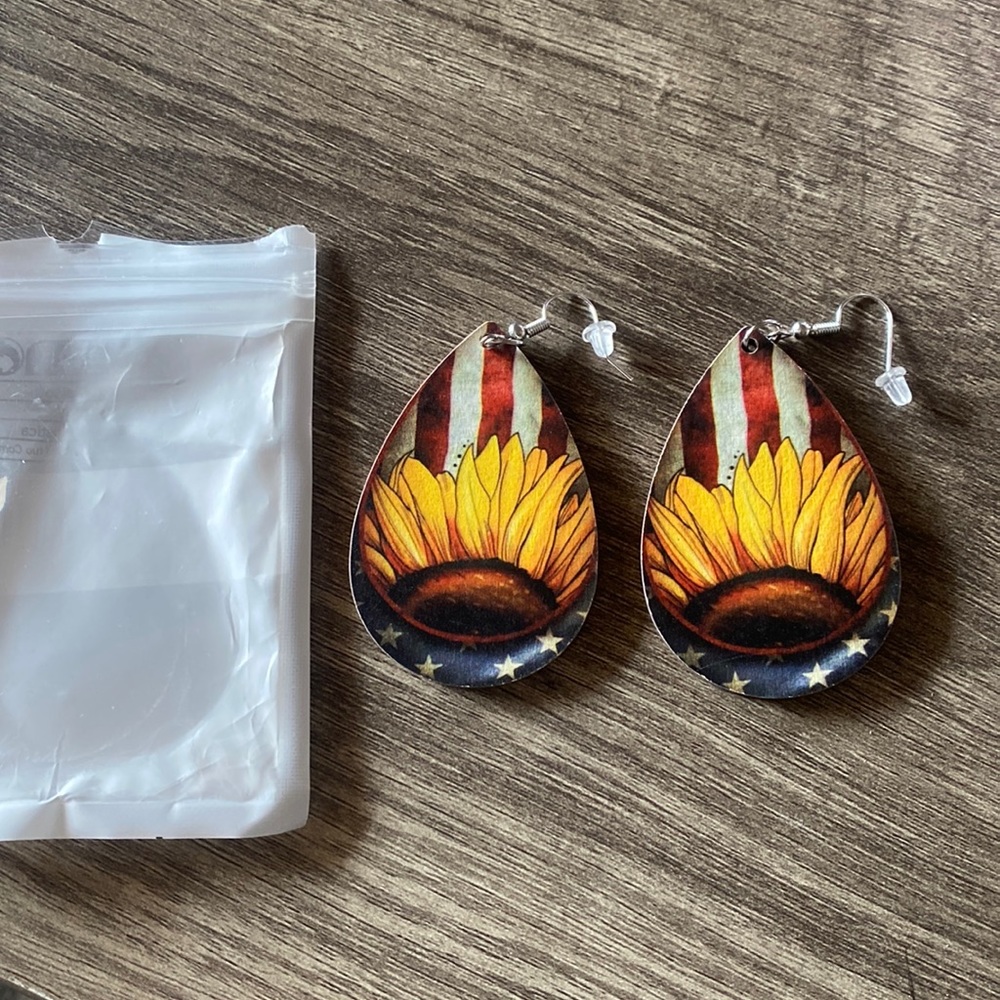 Sunflower and American flag wooden earrings
